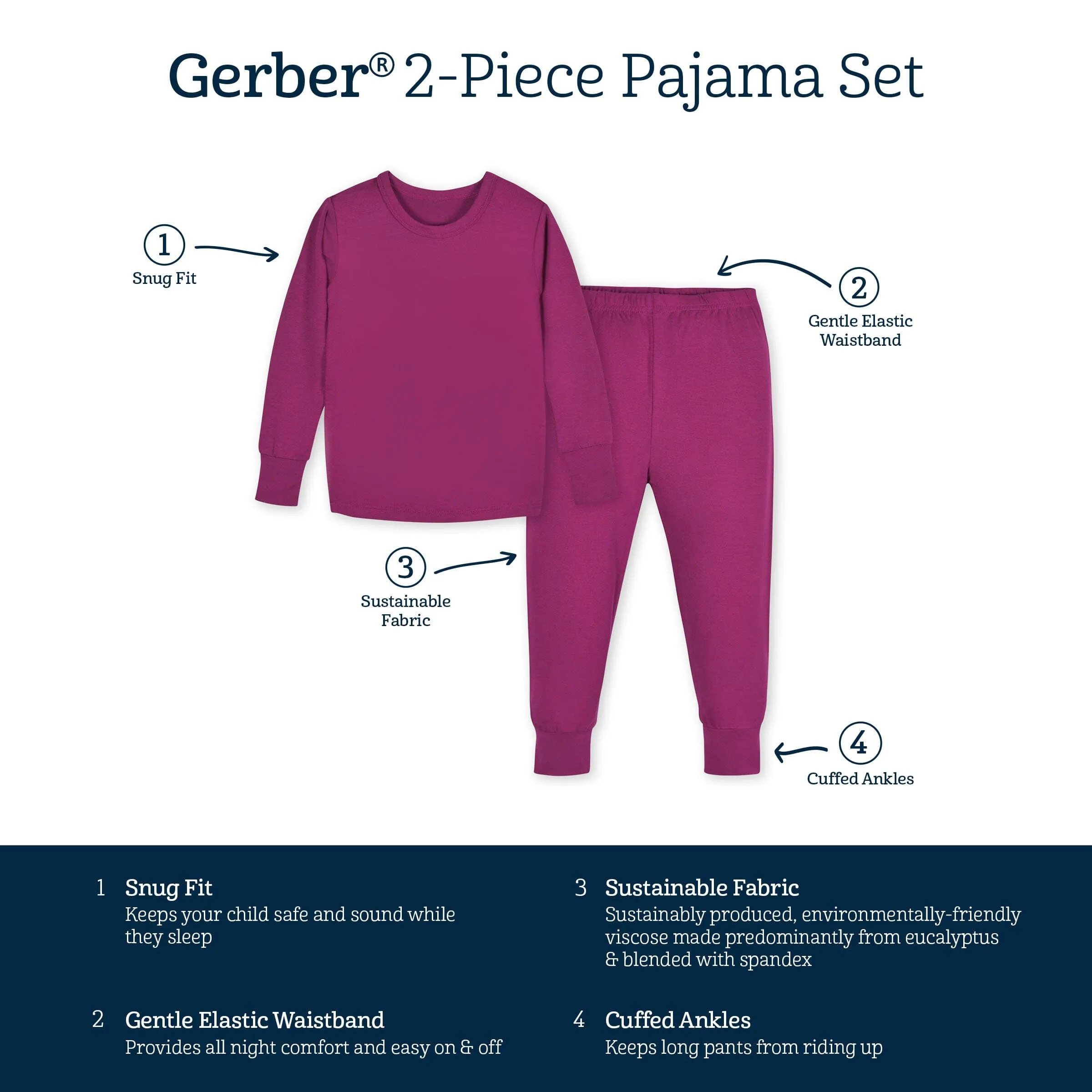 2-Piece Infant & Toddler Raspberry Soft Viscose Pajamas Made from Eucalyptus, Snug Fit