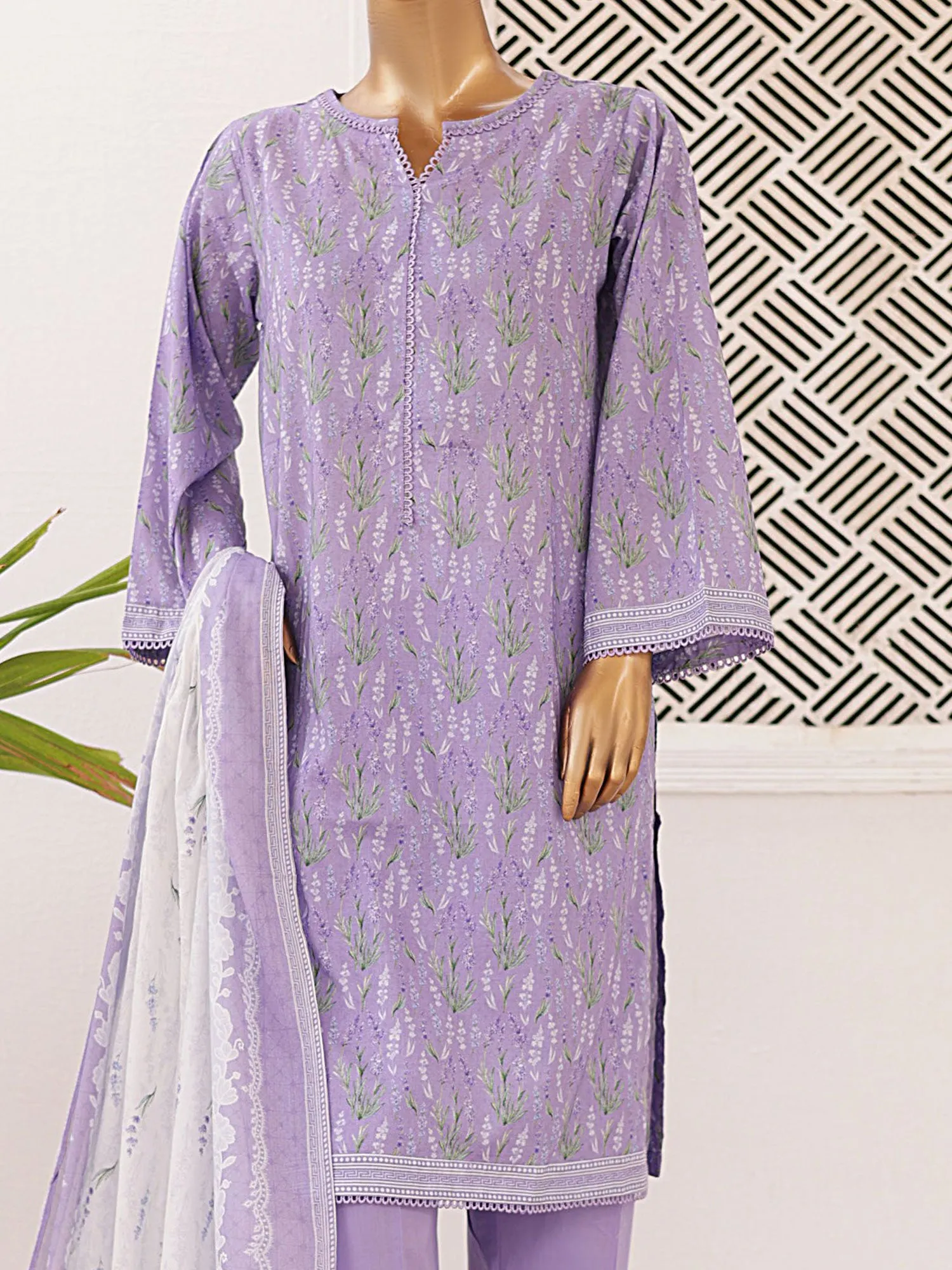 Bin Saeed Printed Lawn 3-Piece Suit - Lavender