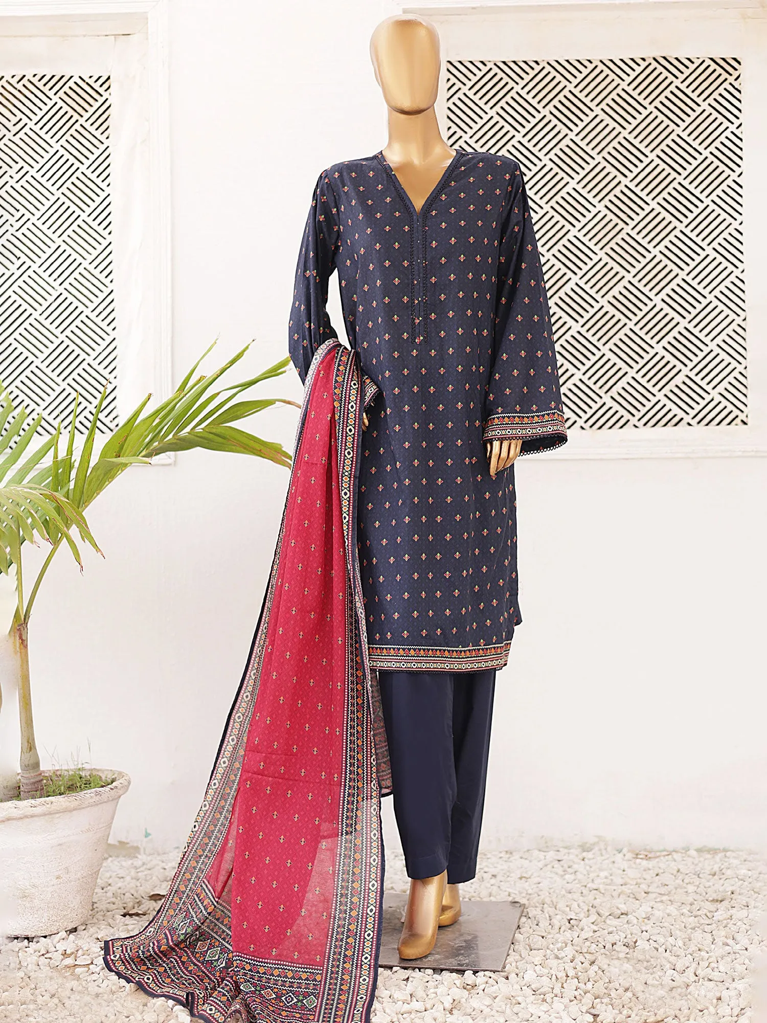 Bin Saeed Printed Lawn 3-Piece Suit - Navy Blue & Pink