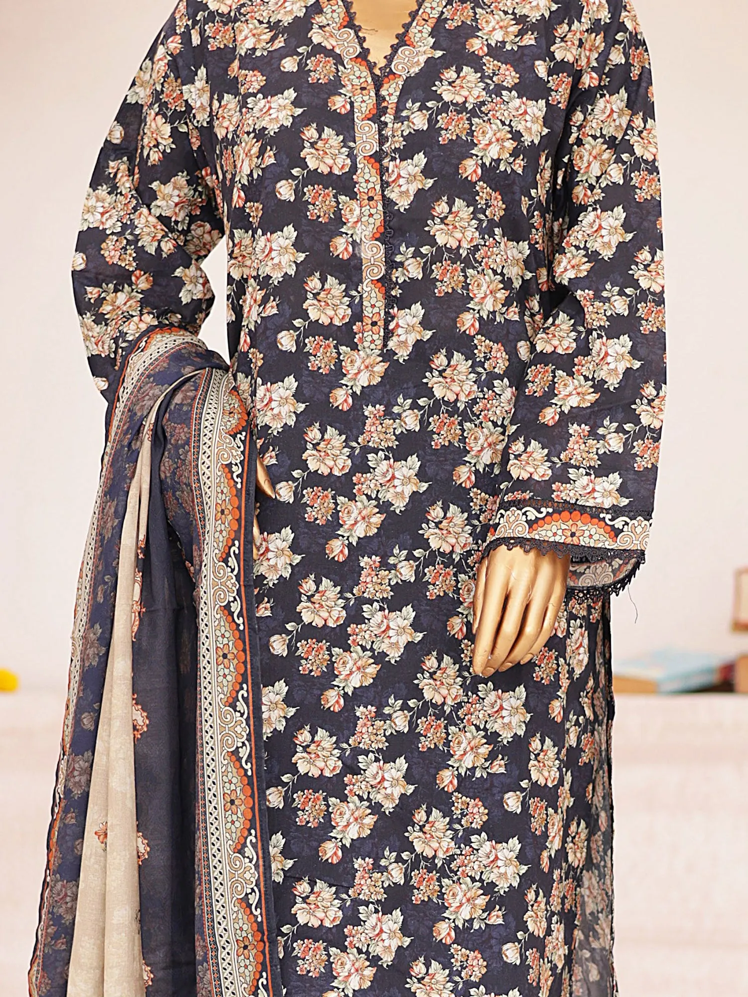 Bin Saeed Printed Lawn 3-Piece Suit - Navy Blue