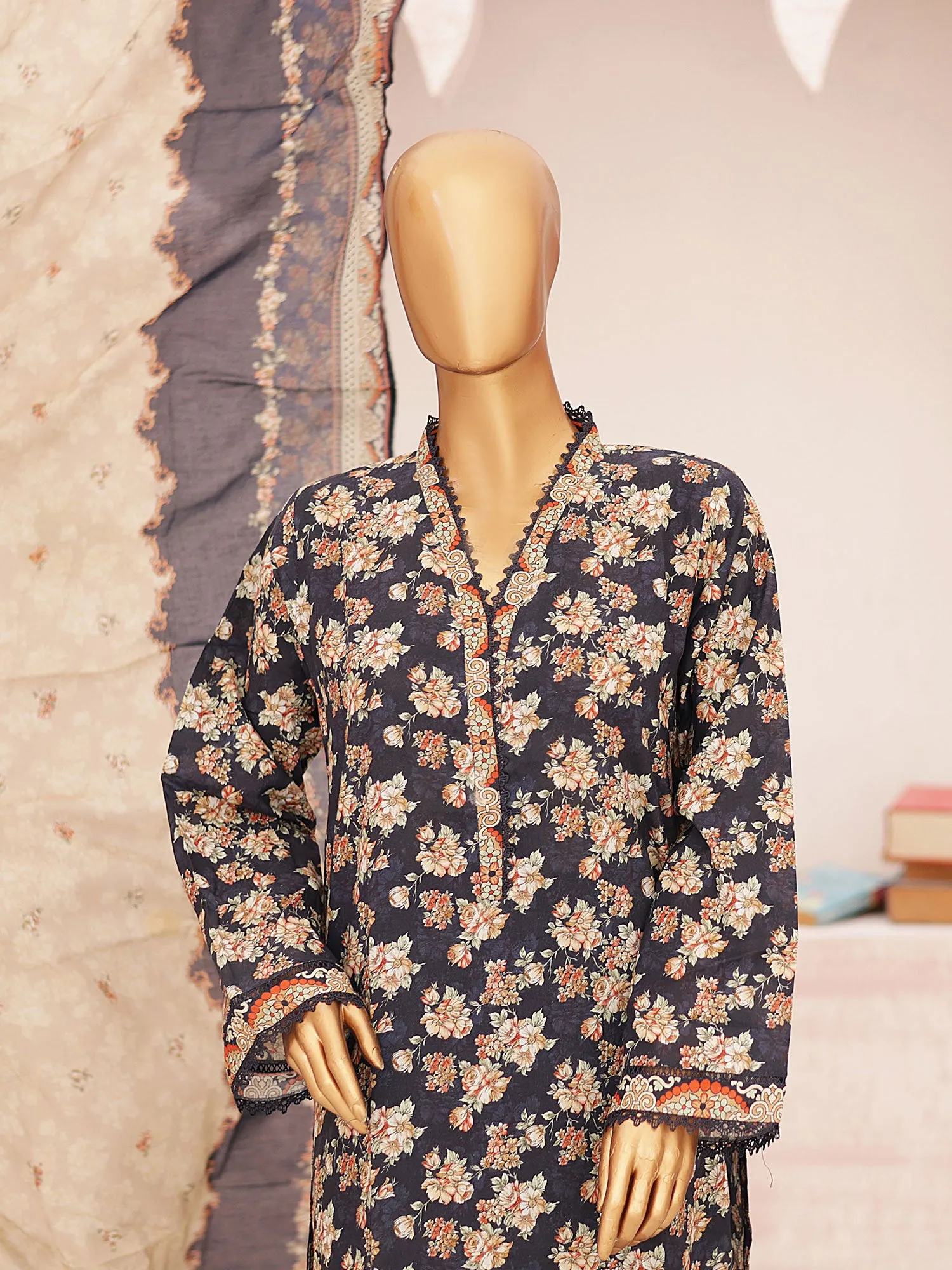 Bin Saeed Printed Lawn 3-Piece Suit - Navy Blue