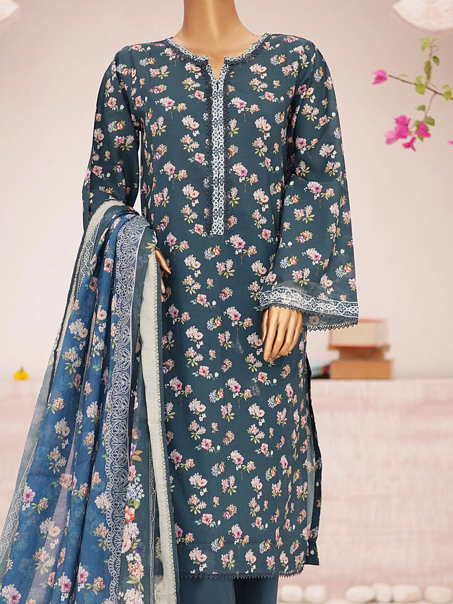 Bin Saeed Printed Lawn 3-Piece Suit - Teal