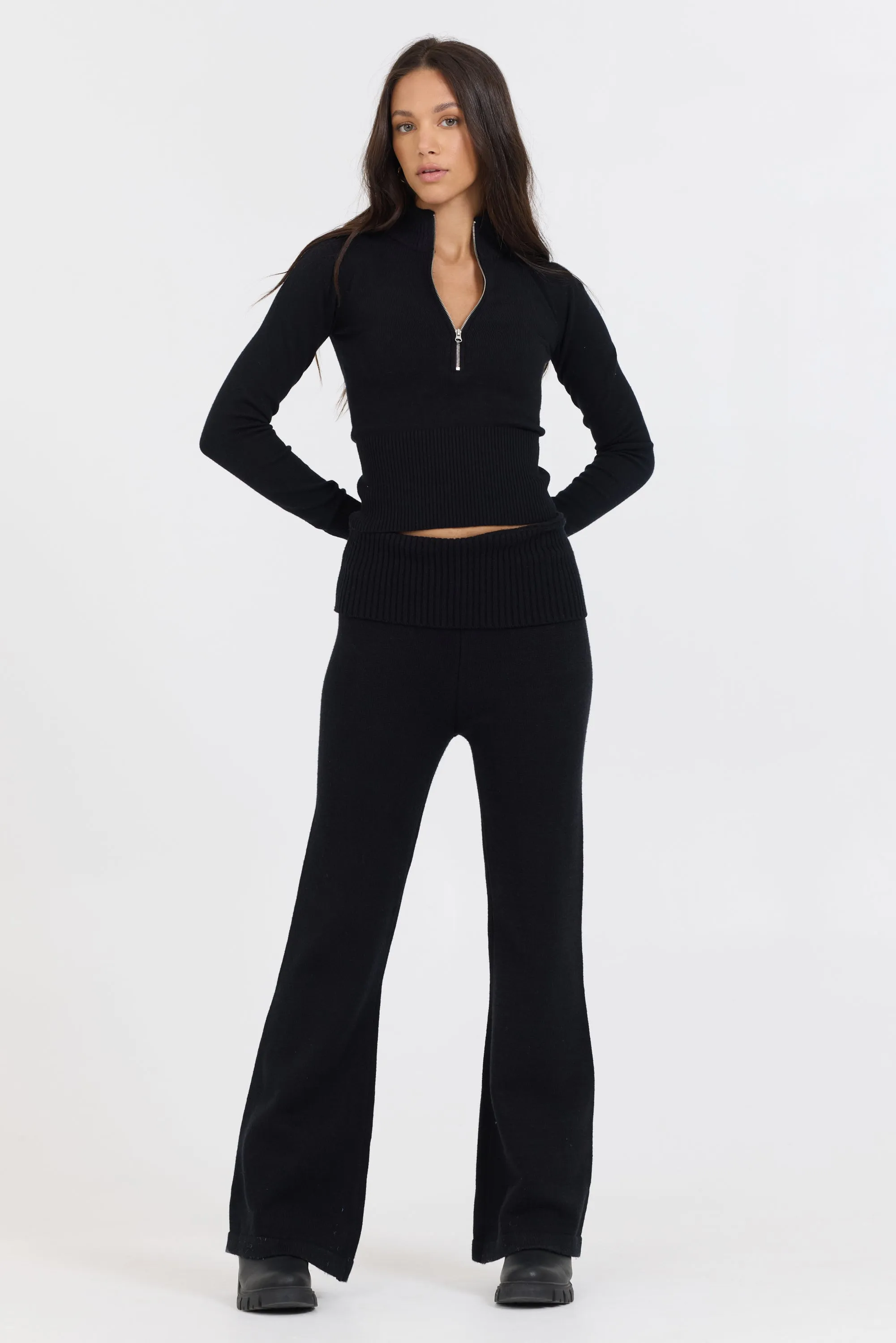 Black Slim Fit Knit Fold Over Flare Pant