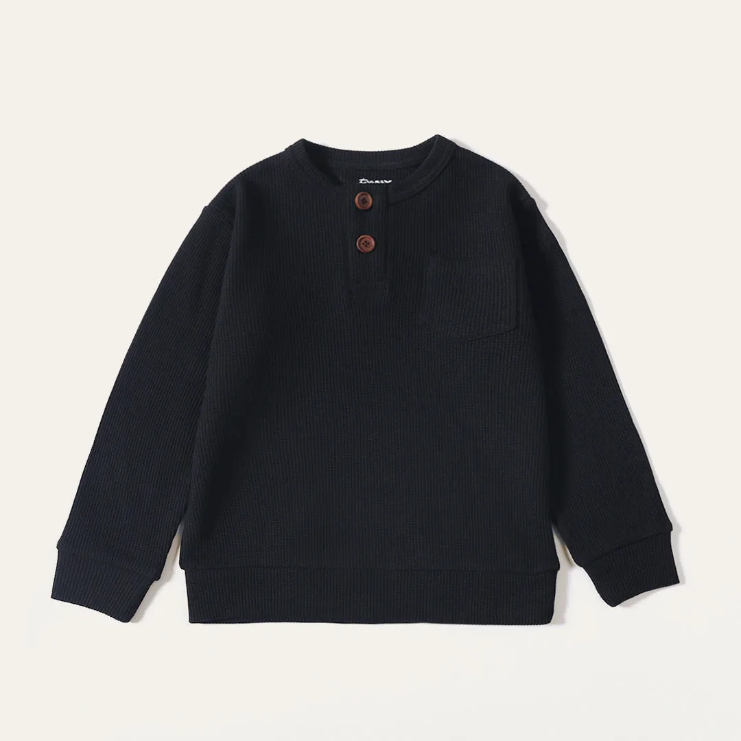 Black Waffle Knit Henley