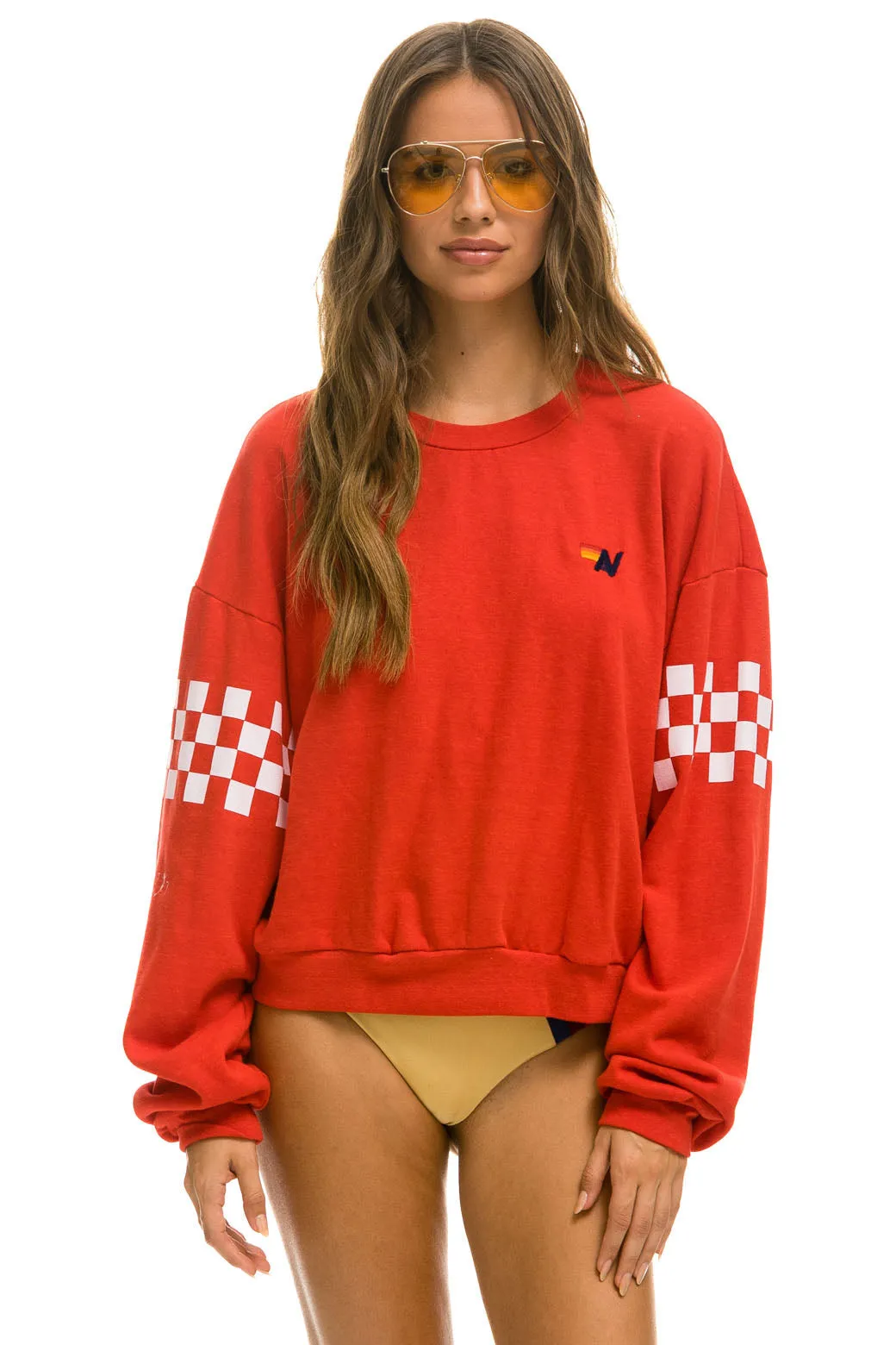 CHECK 2 SLEEVE RELAXED CREW SWEATSHIRT - RED // WHITE