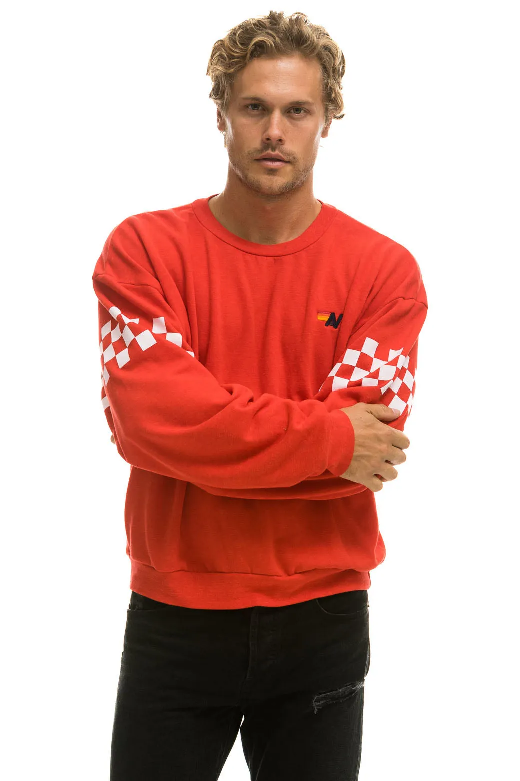 CHECK 2 SLEEVE RELAXED CREW SWEATSHIRT - RED // WHITE