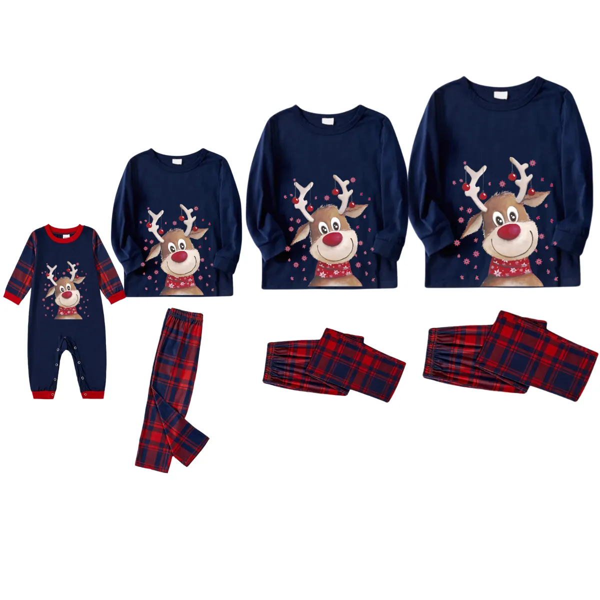 Christmas Deer Print Blue Long Sleeve Top with Red & Blue Plaid Christmas Family Matching Pajamas