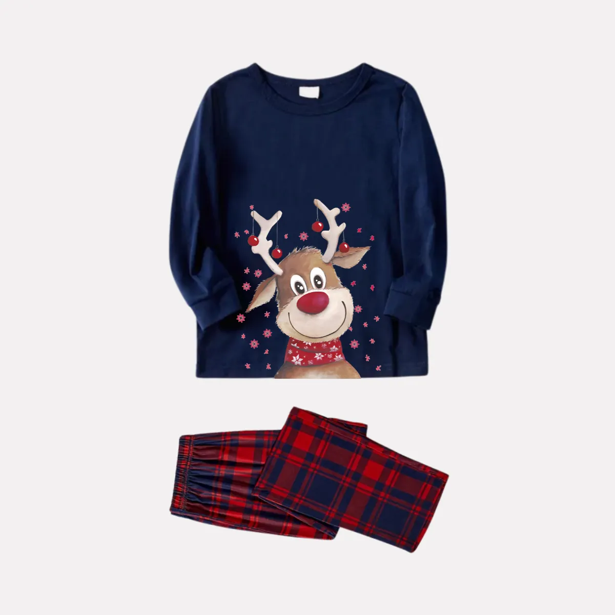 Christmas Deer Print Blue Long Sleeve Top with Red & Blue Plaid Christmas Family Matching Pajamas