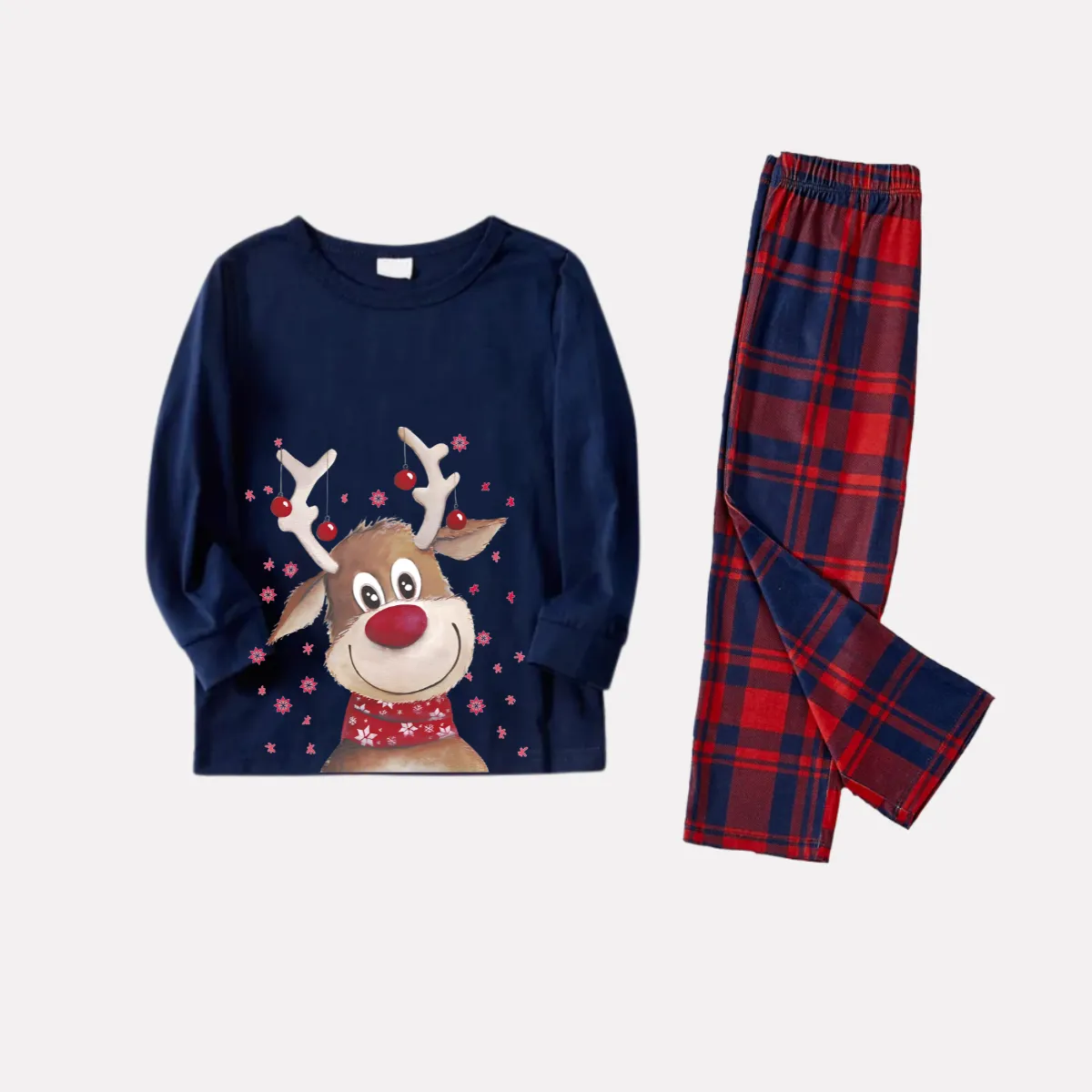 Christmas Deer Print Blue Long Sleeve Top with Red & Blue Plaid Christmas Family Matching Pajamas