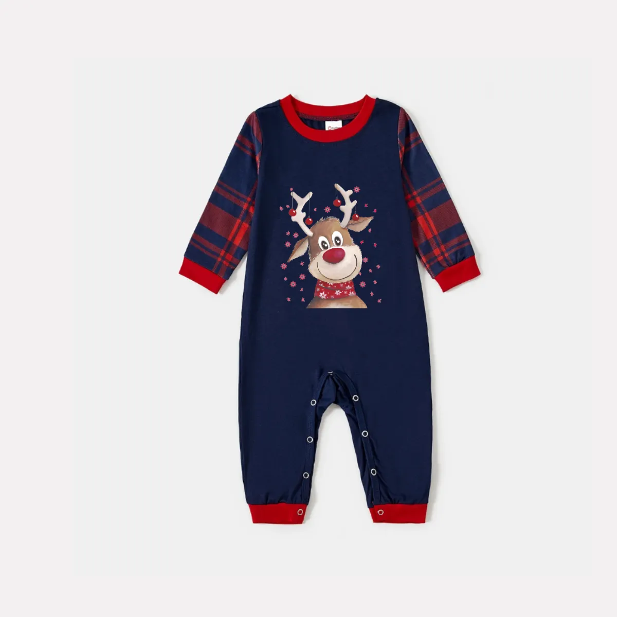 Christmas Deer Print Blue Long Sleeve Top with Red & Blue Plaid Christmas Family Matching Pajamas