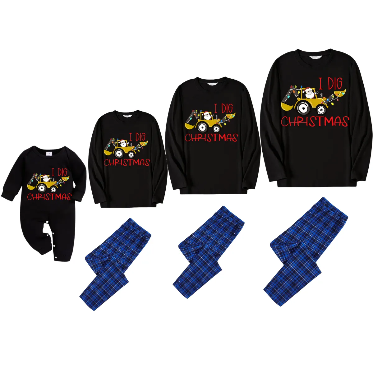 Christmas Excavator and Text Print Black Long Sleeve Top with Blue & Black Plaid Family Matching Pajamas