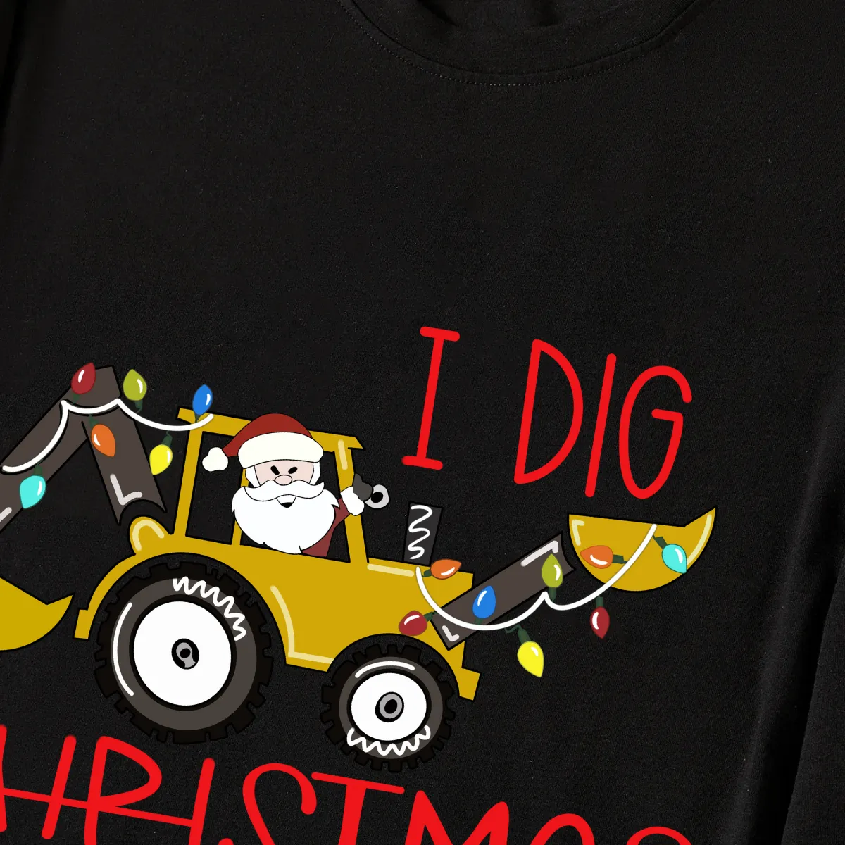 Christmas Excavator and Text Print Black Long Sleeve Top with Blue & Black Plaid Family Matching Pajamas