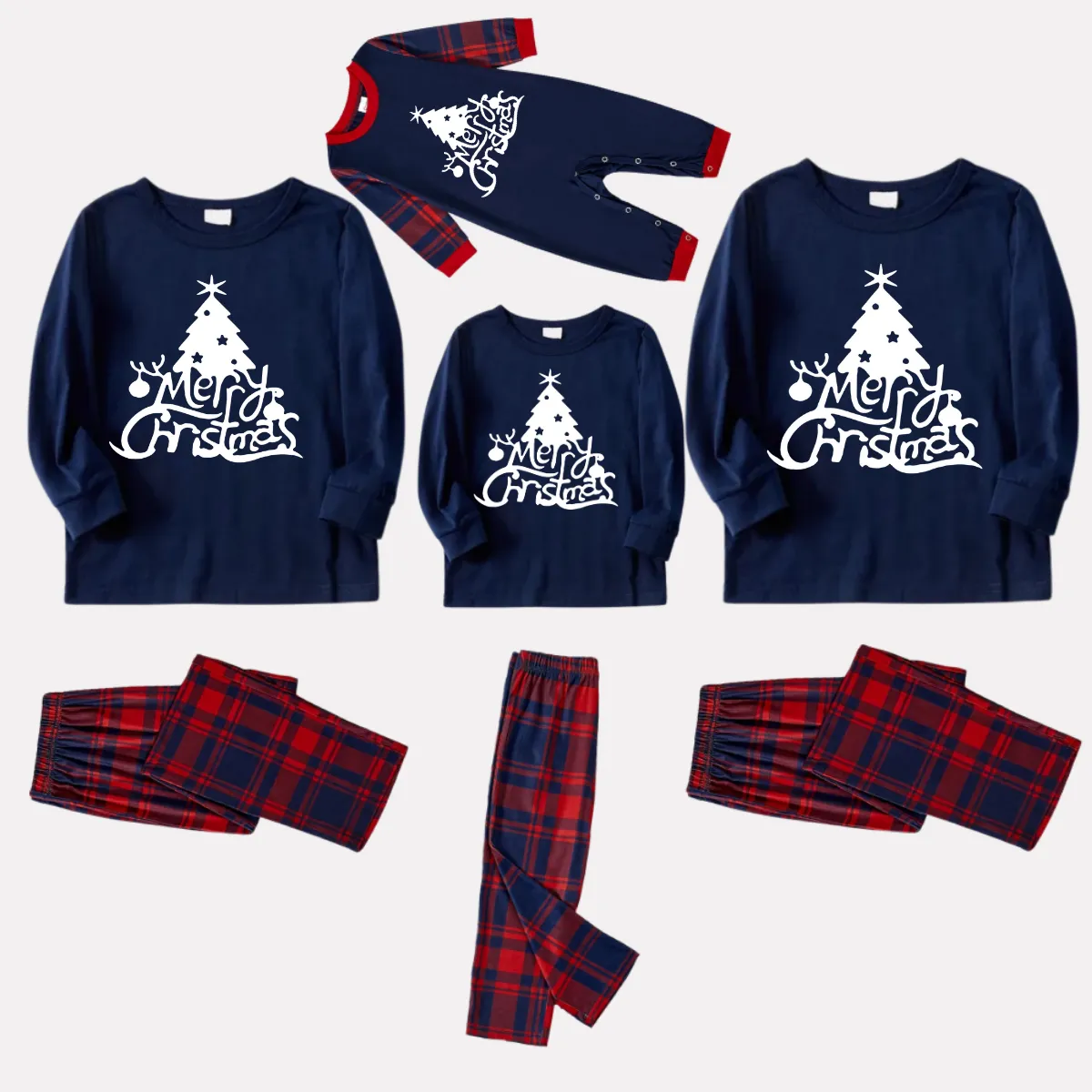 Christmas Tree and Merry Christmas Letter Print Blue Long Sleeve Top with Red & Blue Plaid Christmas Family Matching Pajamas