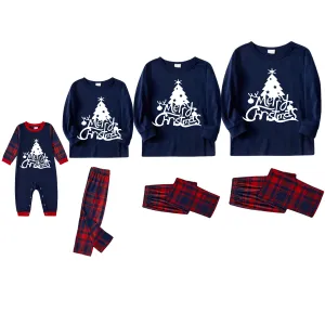 Christmas Tree and Merry Christmas Letter Print Blue Long Sleeve Top with Red & Blue Plaid Christmas Family Matching Pajamas