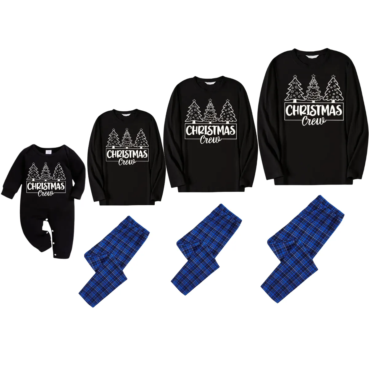 Christmas Tree and Text Print Black Long Sleeve Top with Blue & Black Plaid Family Matching Pajamas