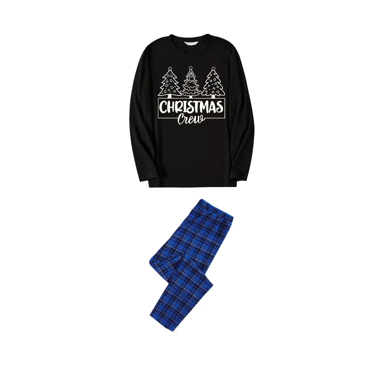 Christmas Tree and Text Print Black Long Sleeve Top with Blue & Black Plaid Family Matching Pajamas