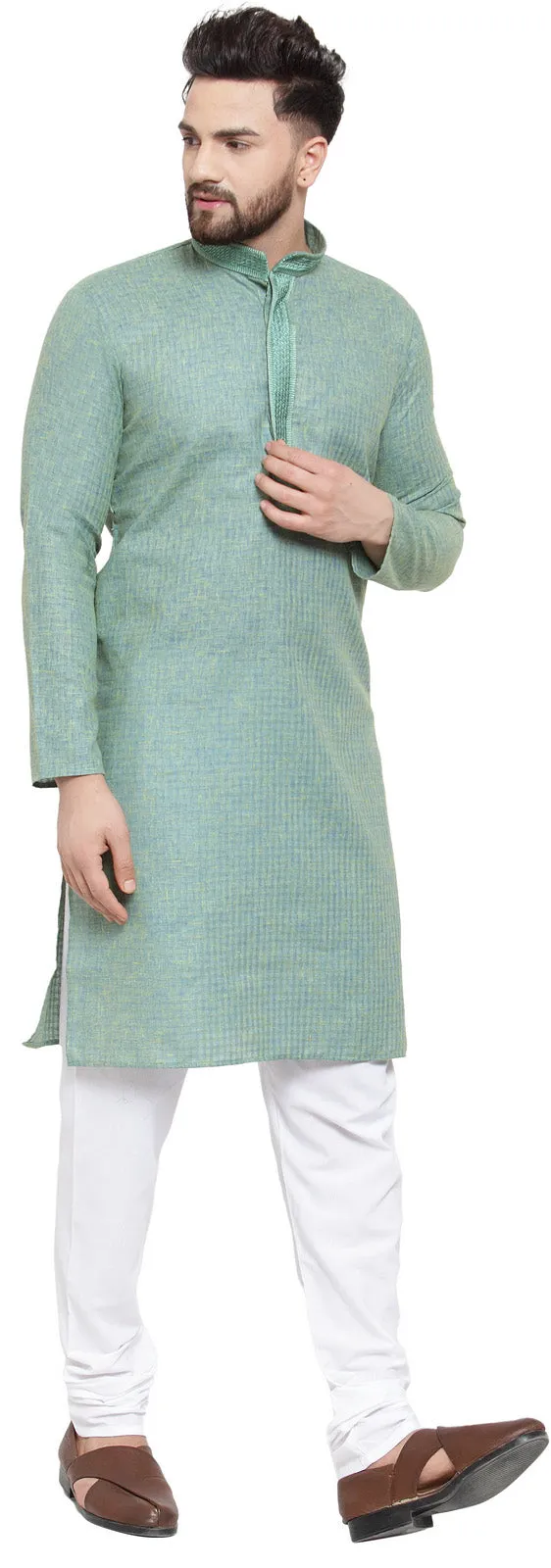 Cotton Self Design Men's Kurta Pajama Evening Wear Self Design India (Green)