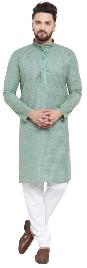 Cotton Self Design Men's Kurta Pajama Evening Wear Self Design India (Green)