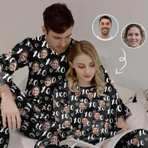 Couple Sleepwear Custom Face XO Black Couple Matching Pajamas Personalized Photo Pajama Set for Boyfriend