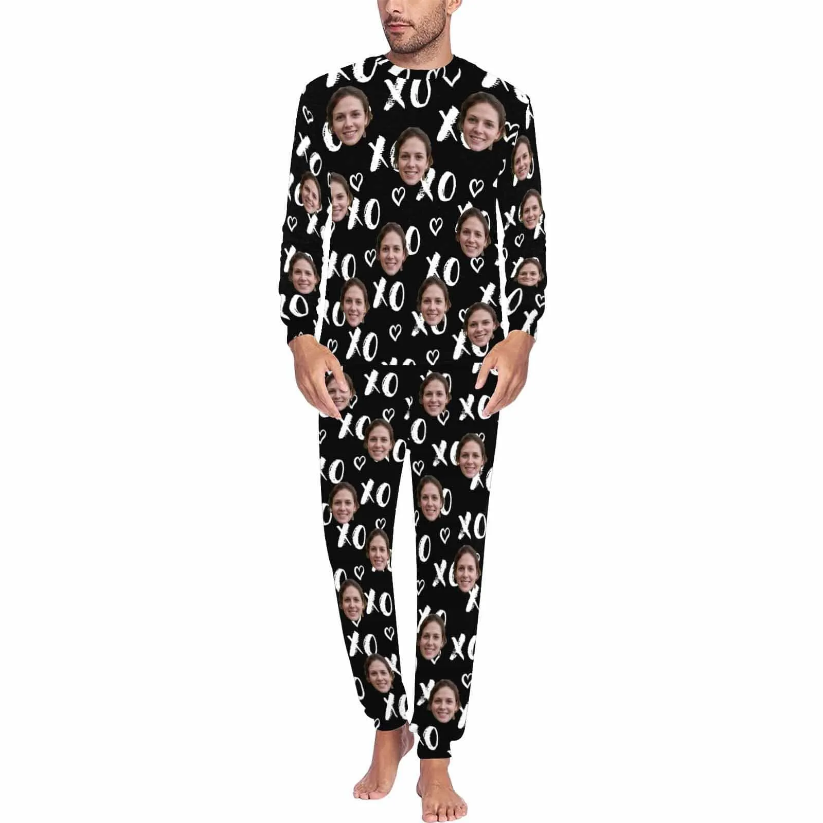 Couple Sleepwear Custom Face XO Black Couple Matching Pajamas Personalized Photo Pajama Set for Boyfriend