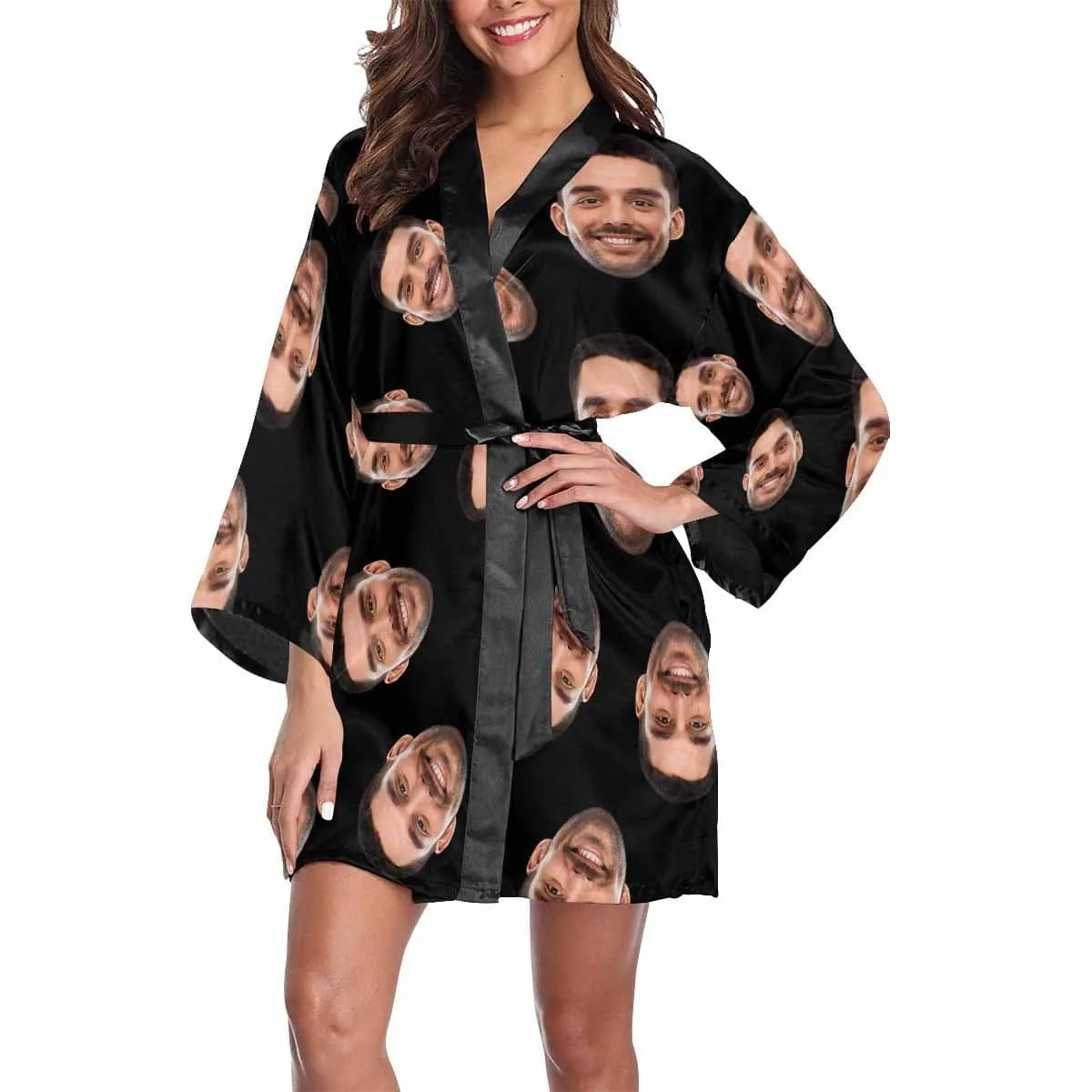 Custom Boyfriend Face Black Background Women's Short Pajamas Funny Personalized Photo Pajamas Kimono Robe