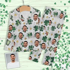 Custom Boyfriend Face Pajamas Green Grid Clover Sleepwear Personalized Women's Slumber Party Long Pajama Set