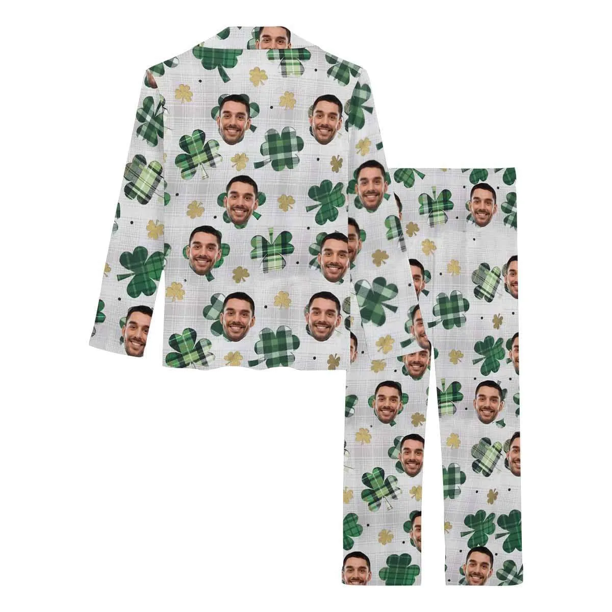 Custom Boyfriend Face Pajamas Green Grid Clover Sleepwear Personalized Women's Slumber Party Long Pajama Set