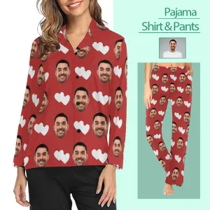 Custom Boyfriend Face Pajamas Heart To Heart Personalized Women's Slumber Party Long Pajama Shirt&Pants