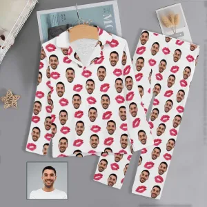 Custom Boyfriend Face Pajamas Red Lips Sleepwear Personalized Women's Long Pajama Set