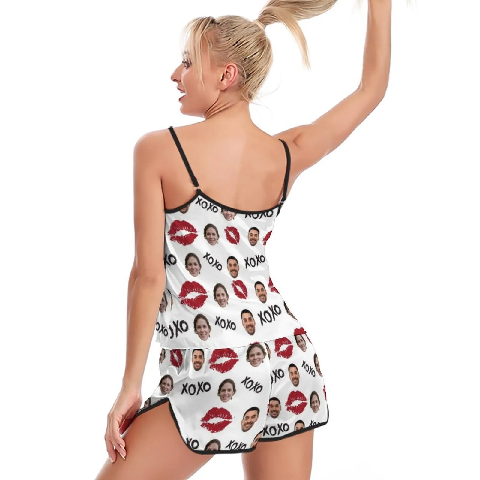 Custom Couple Face Pajamas Red Lips Sleepwear Personalized Women's Sexy Cami Pajamas Set