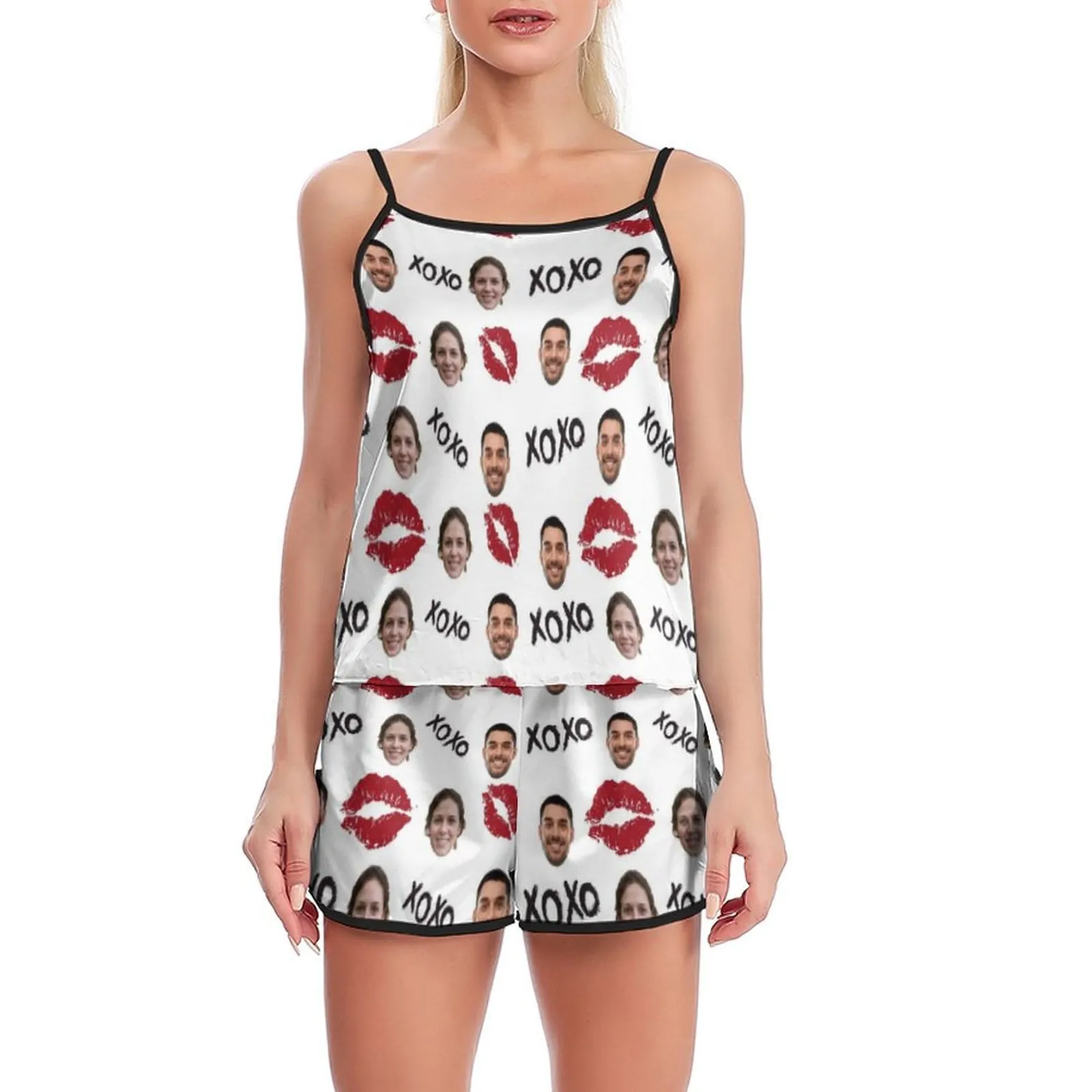 Custom Couple Face Pajamas Red Lips Sleepwear Personalized Women's Sexy Cami Pajamas Set