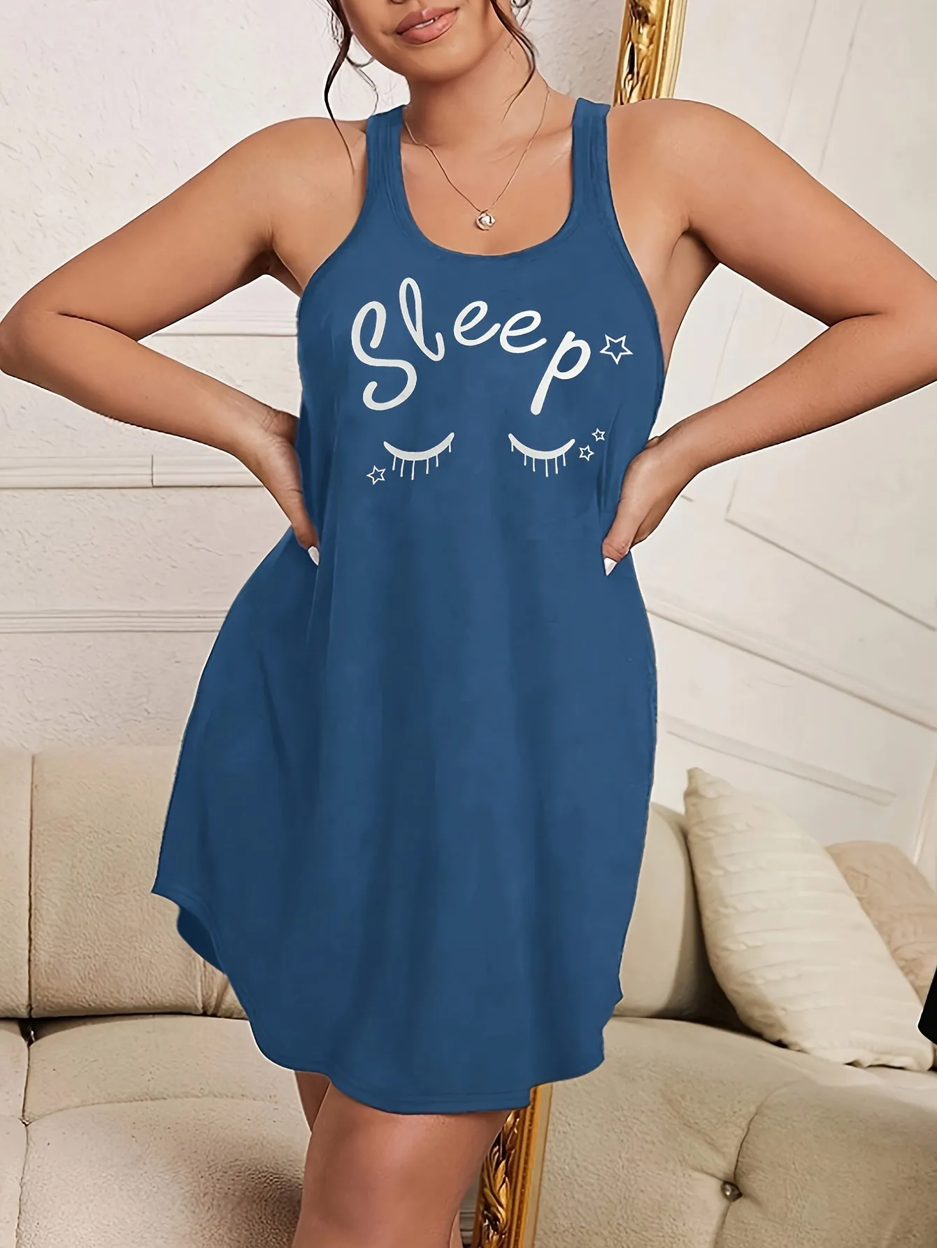 Dream in Style Plus Size Letter & Eyelash Print Sleep Dress for Women's Casual Comfort