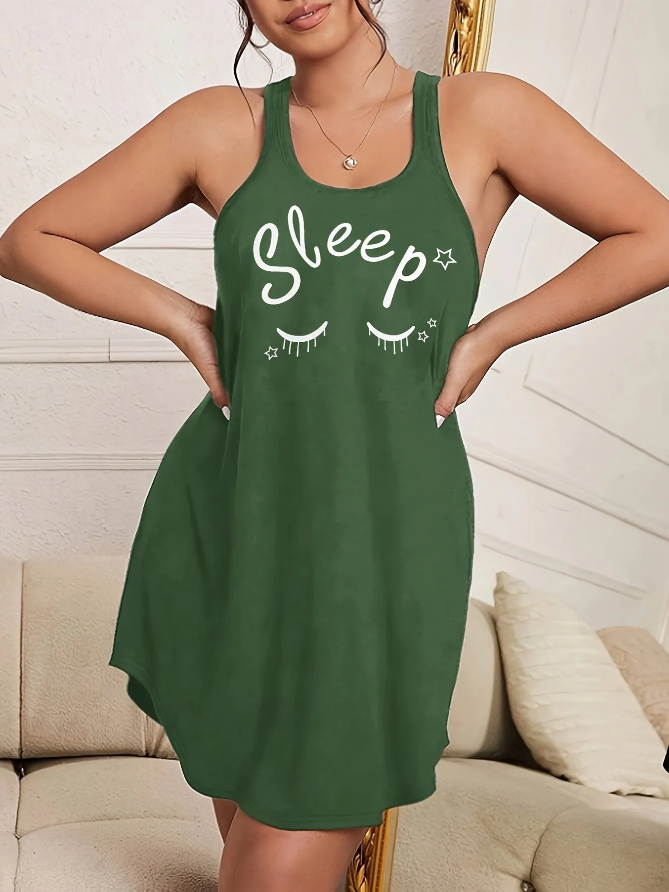 Dream in Style Plus Size Letter & Eyelash Print Sleep Dress for Women's Casual Comfort