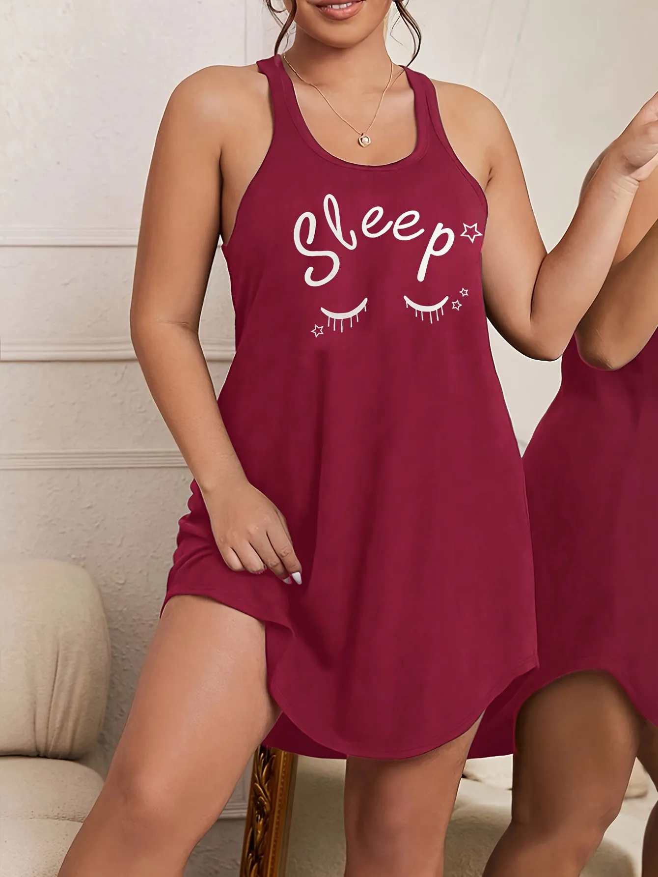 Dream in Style Plus Size Letter & Eyelash Print Sleep Dress for Women's Casual Comfort