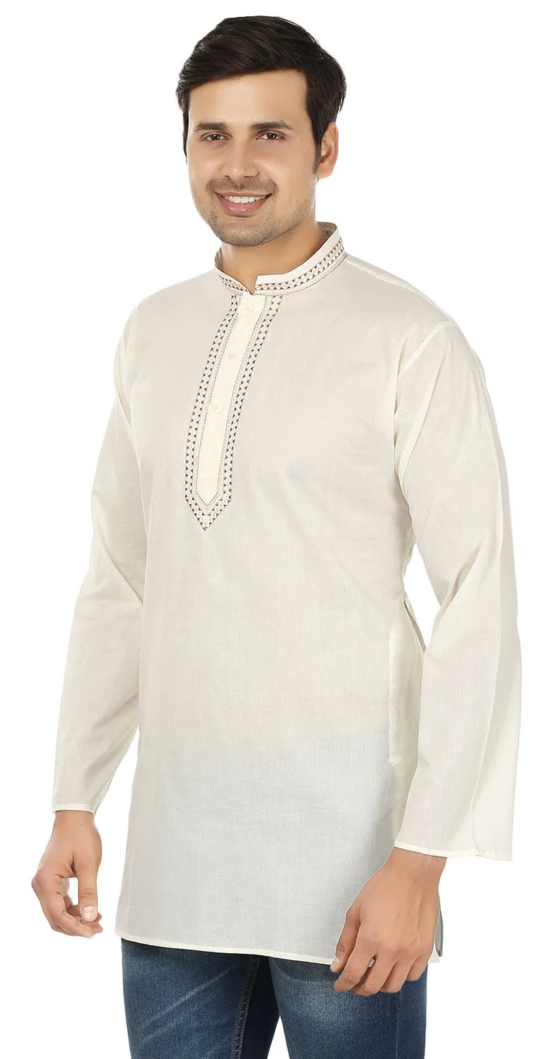 Embroidered Cotton Men's Short Kurta Shirt Indian Clothes (Off-White)