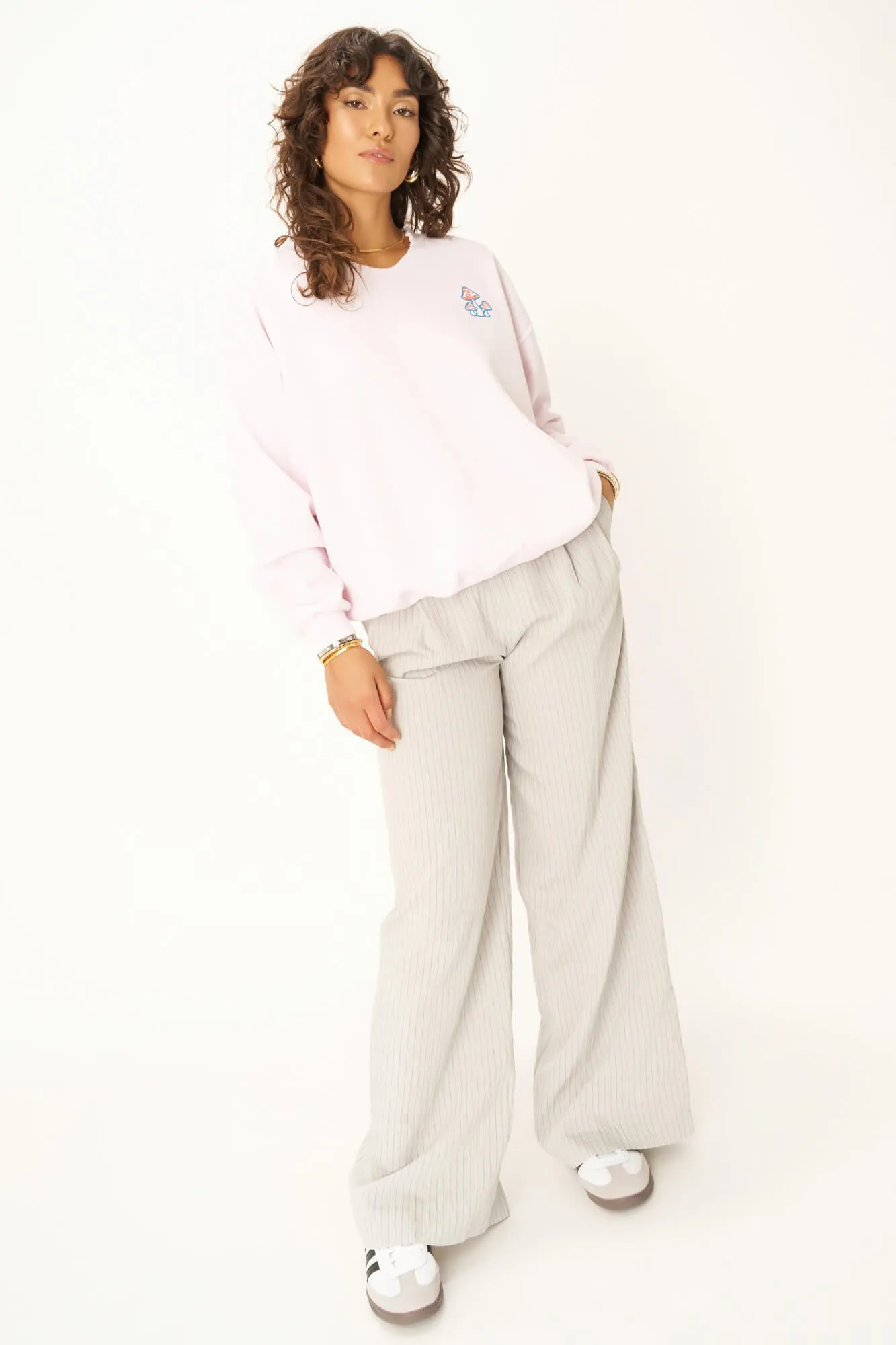 Embroidered Mushrooms Cut Crew Sweatshirt - Cosmo Pink