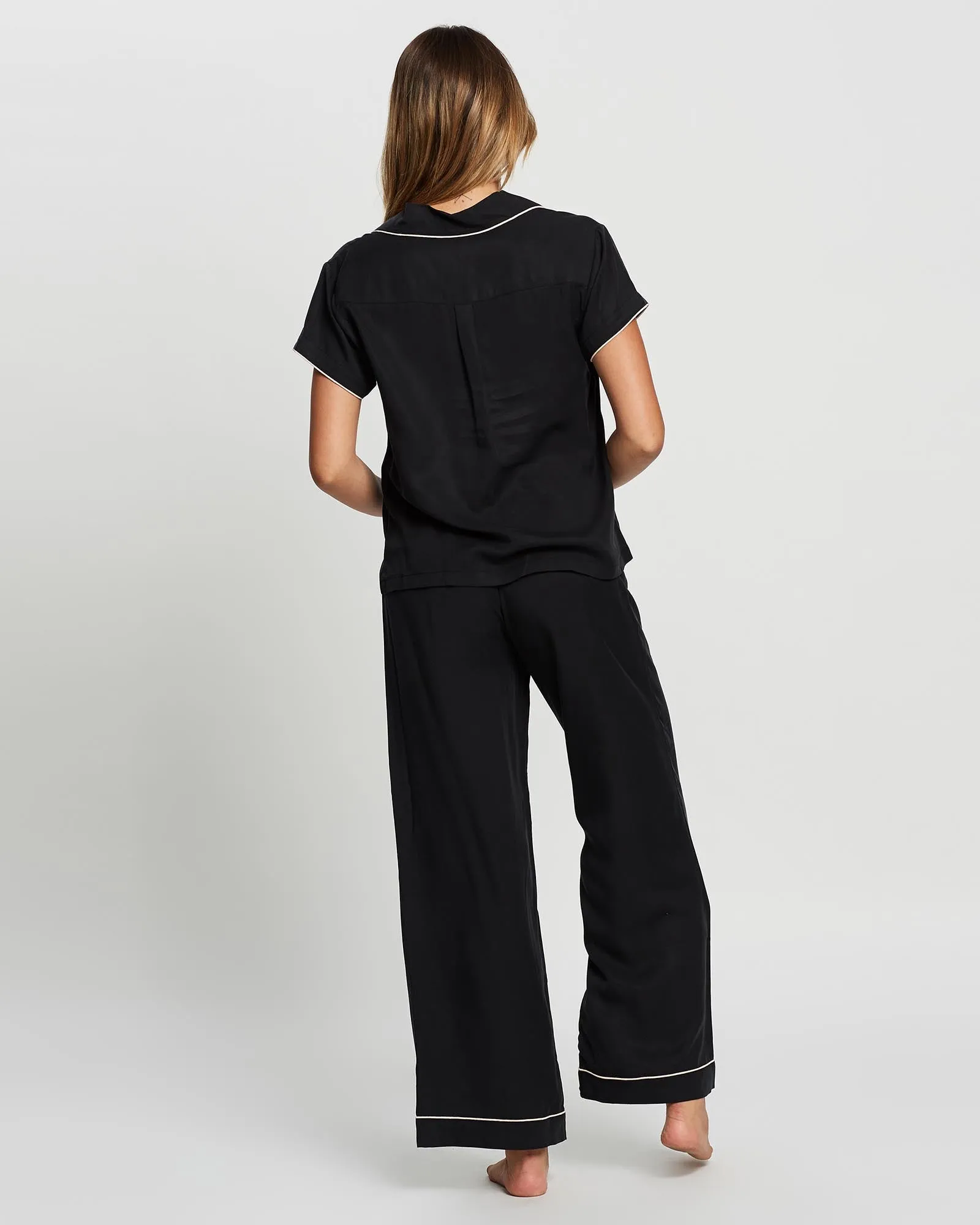 Eva Short Sleeve with Long Pant Tencel™ Pyjama Set - Black with Blush Piping