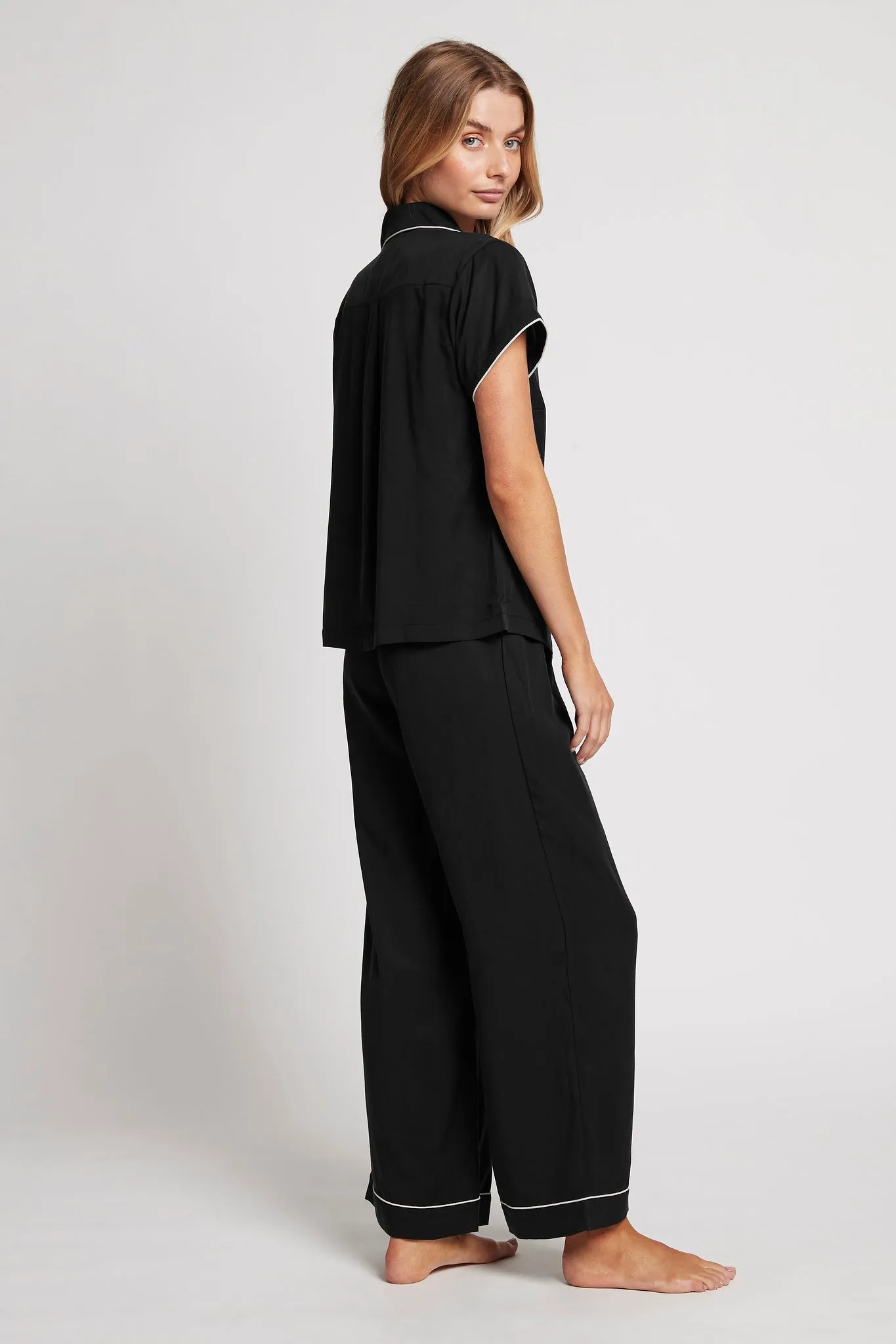 Eva Short Sleeve with Long Pant Tencel™ Pyjama Set - Black with Blush Piping