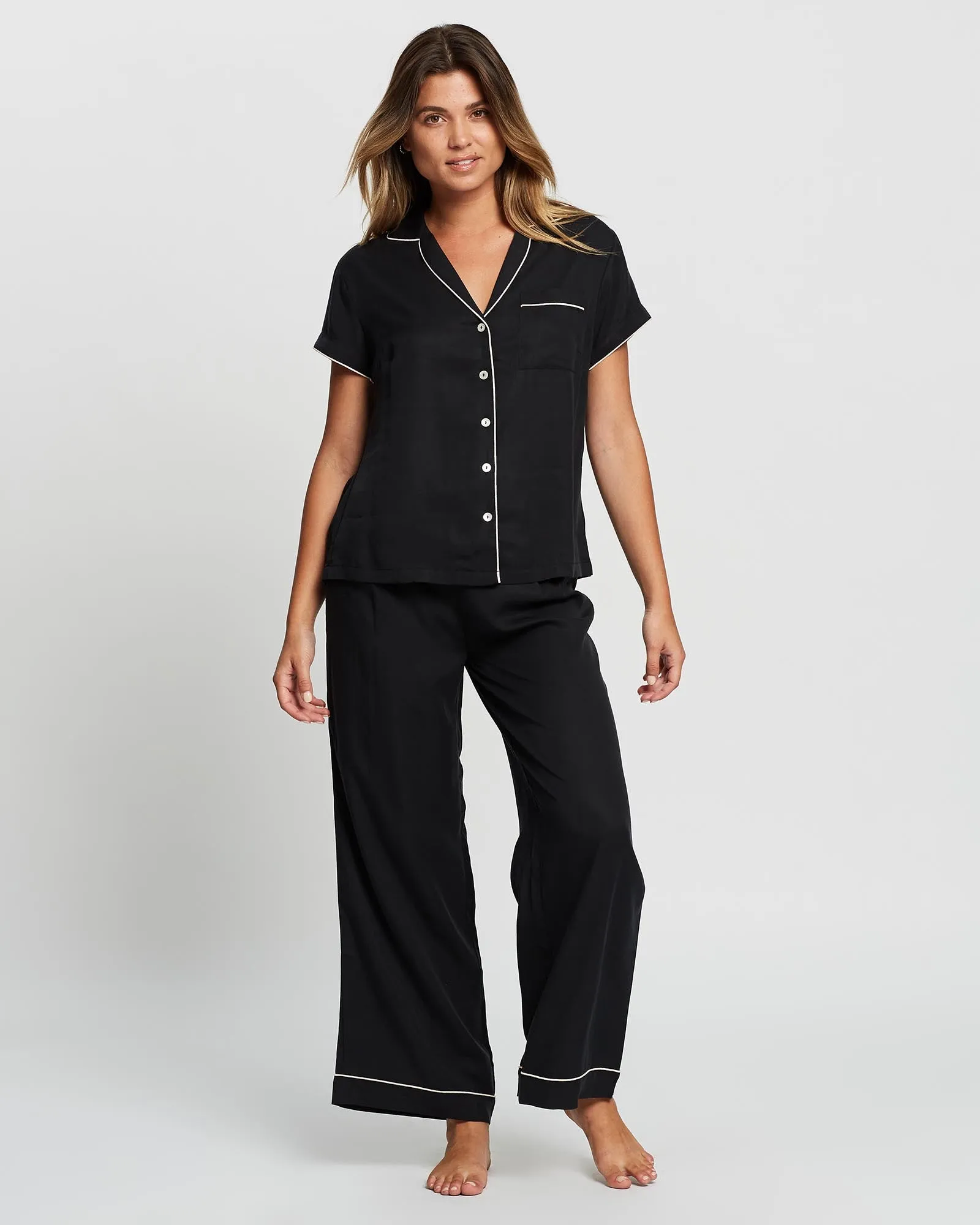 Eva Short Sleeve with Long Pant Tencel™ Pyjama Set - Black with Blush Piping