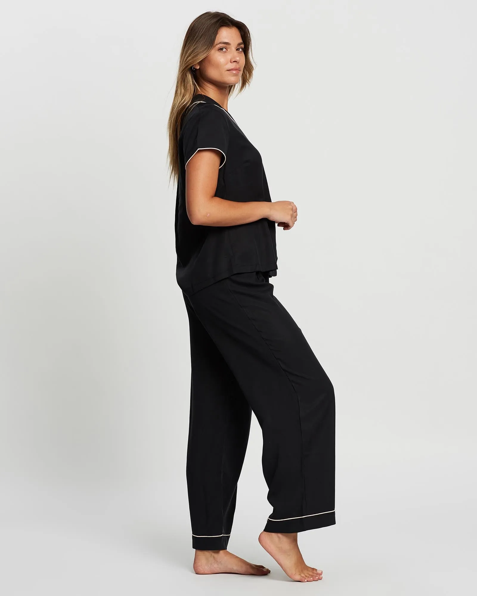 Eva Short Sleeve with Long Pant Tencel™ Pyjama Set - Black with Blush Piping