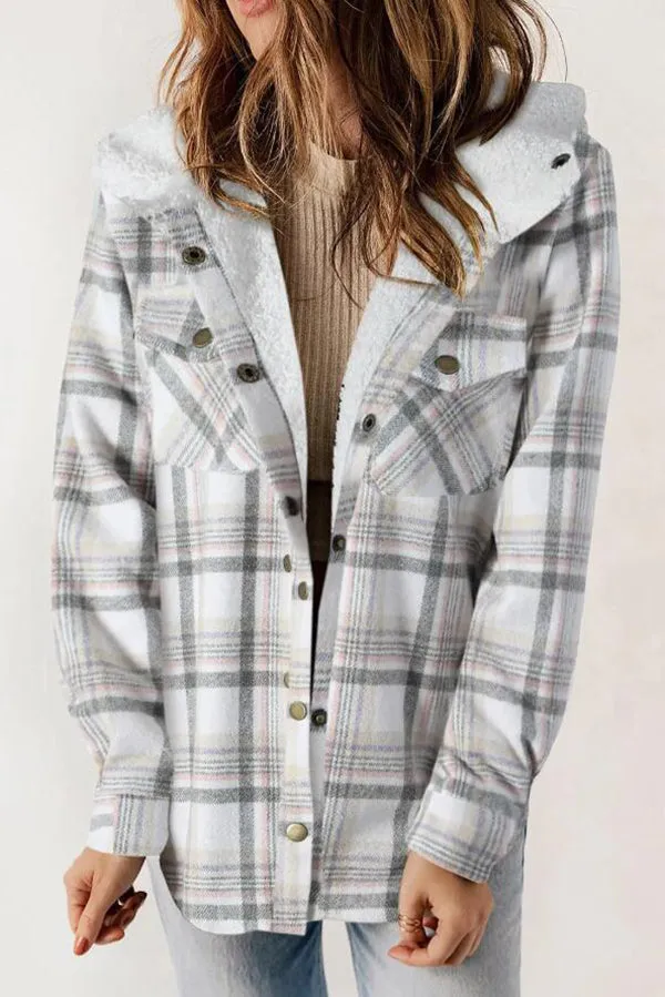 Fashion Plaid Long Sleeve Pocket Casual Hooded Jacket