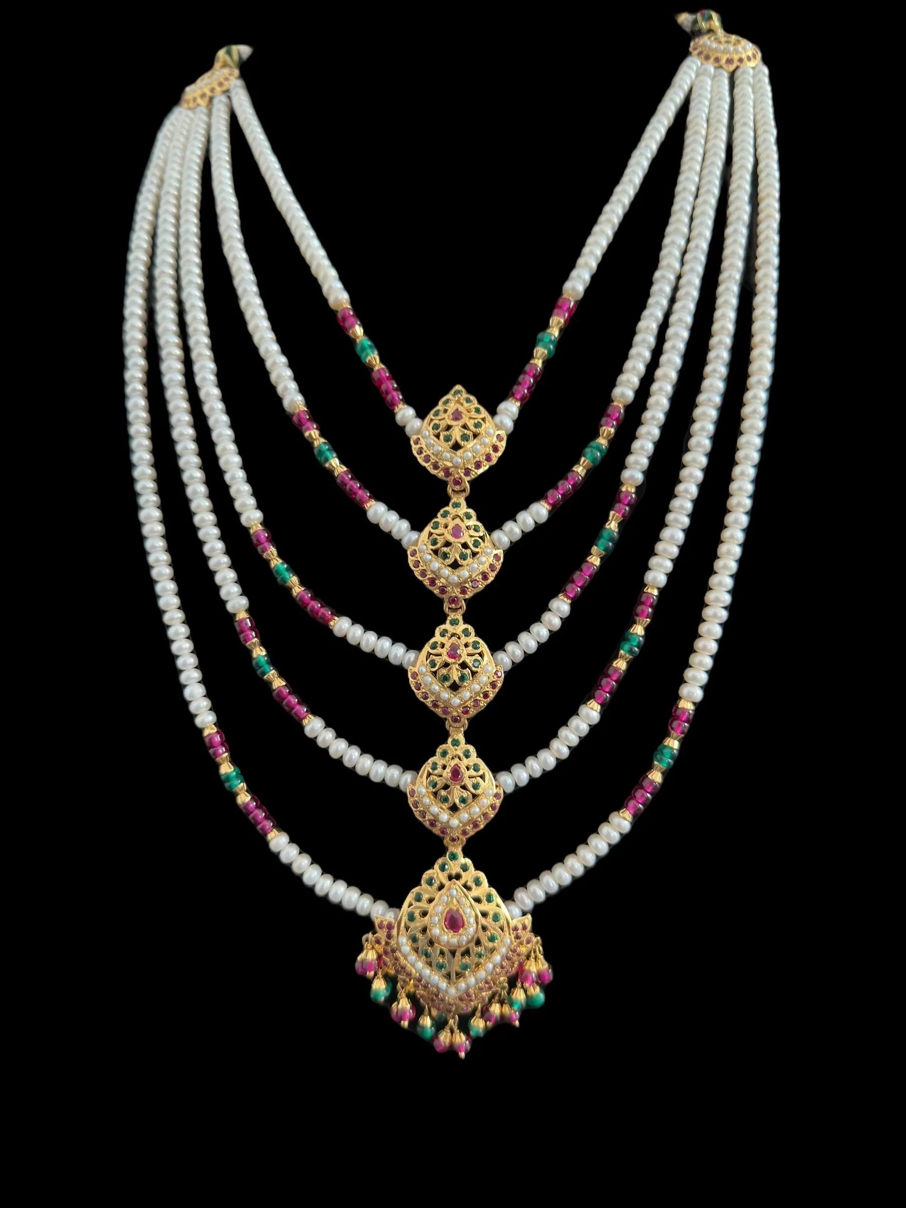 Five layer necklace with earrings in silver - gold plated , ruby emerald ( READY TO SHIP )