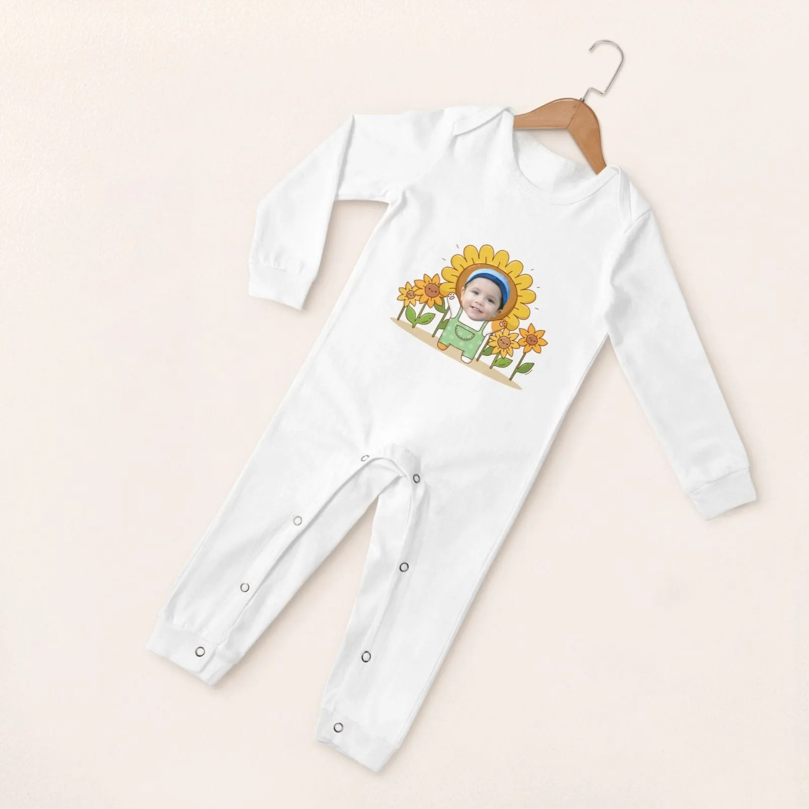 #For 6M-2T-Custom Face Sunflower Baby Long Sleeve Rompers 100% Organic Cotton Jumpsuit One-piece Coverall and Layette Set