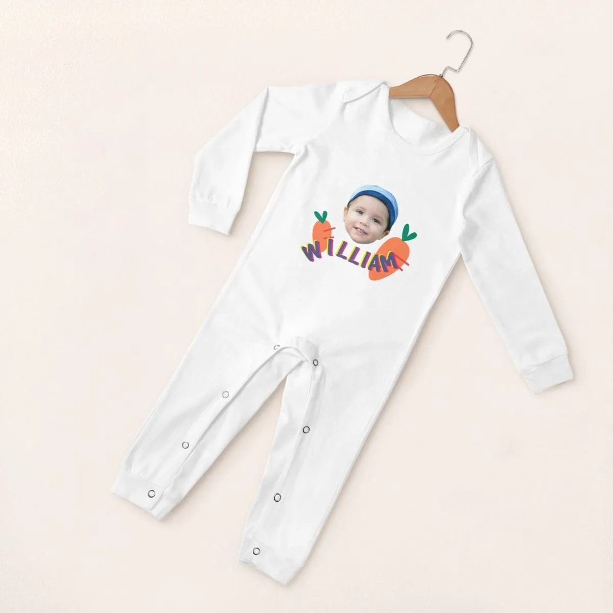 #For 6M-2T-Custom Face&Name Carrot Long Sleeve Rompers 100% Organic Cotton Jumpsuit One-piece Coverall and Layette Set