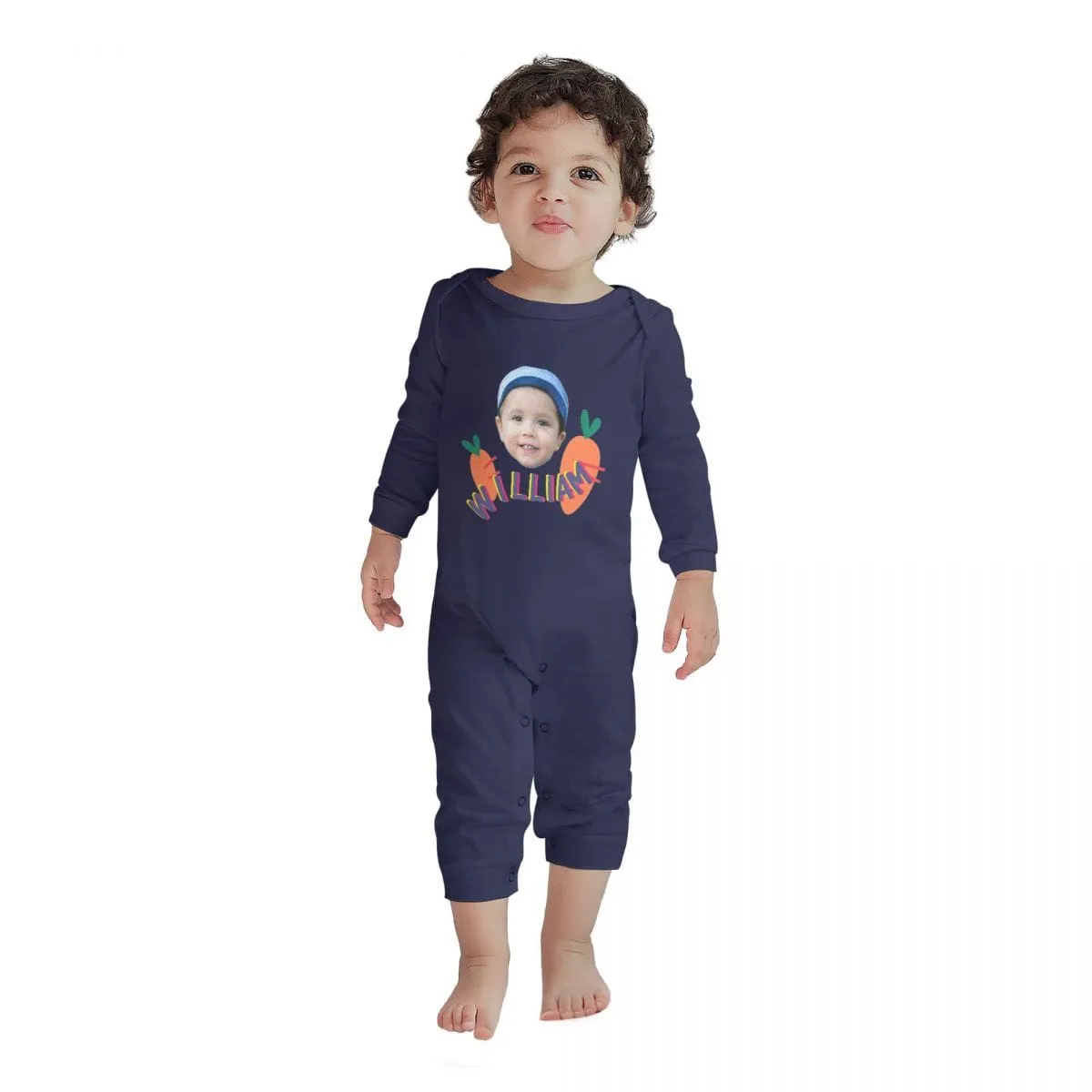 #For 6M-2T-Custom Face&Name Carrot Long Sleeve Rompers 100% Organic Cotton Jumpsuit One-piece Coverall and Layette Set