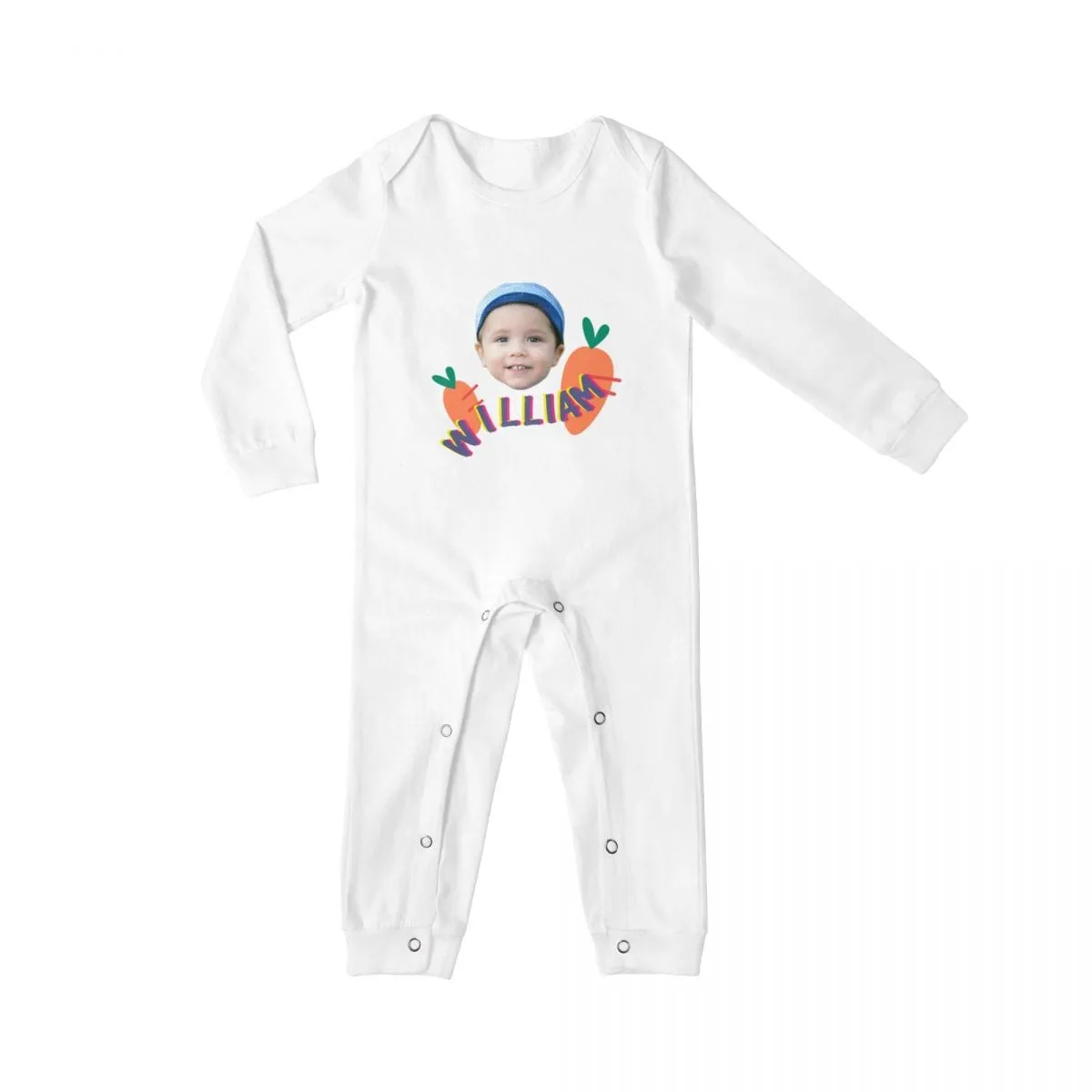 #For 6M-2T-Custom Face&Name Carrot Long Sleeve Rompers 100% Organic Cotton Jumpsuit One-piece Coverall and Layette Set