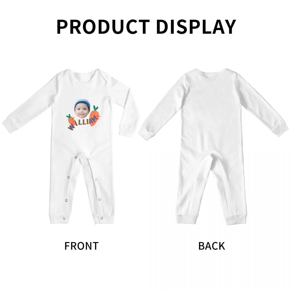 #For 6M-2T-Custom Face&Name Carrot Long Sleeve Rompers 100% Organic Cotton Jumpsuit One-piece Coverall and Layette Set