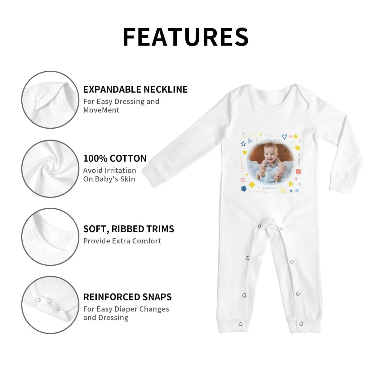 #For 6M-2T-Custom Photo Pentagram Baby Long Sleeve Rompers 100% Organic Cotton Jumpsuit One-piece Coverall and Layette Set