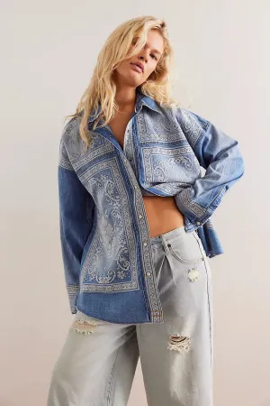 Free People We The Free Lace Embroidered Denim Shirt - MED RANCHER WASH