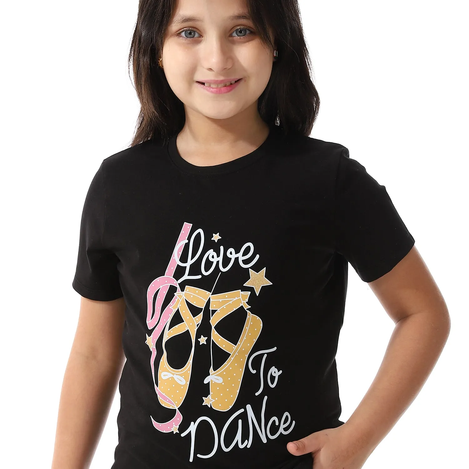 Girls' Cotton Pajama Set (Love To Dance) Summer Sleepwear - Black